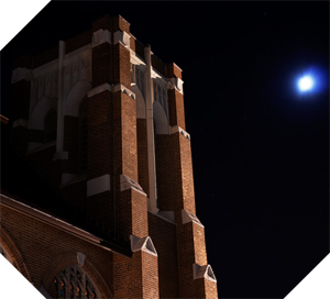 an old church at night with full moon